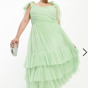 Tie Shoulder Tiered Midi Dress in Sage Green